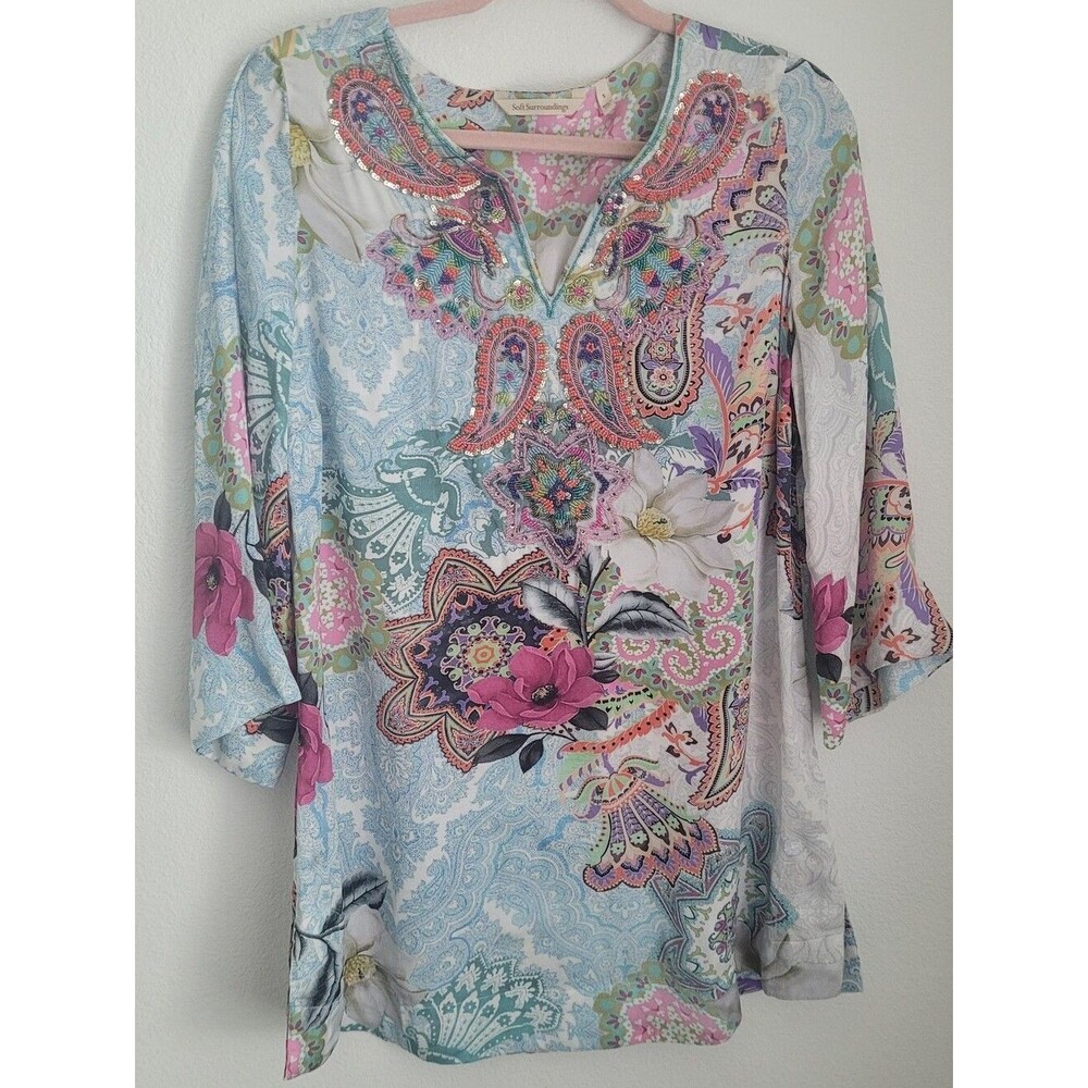 Soft Surroundings Beaded Paisley Floral V-Neck Tunic Top Blue Pink Size S